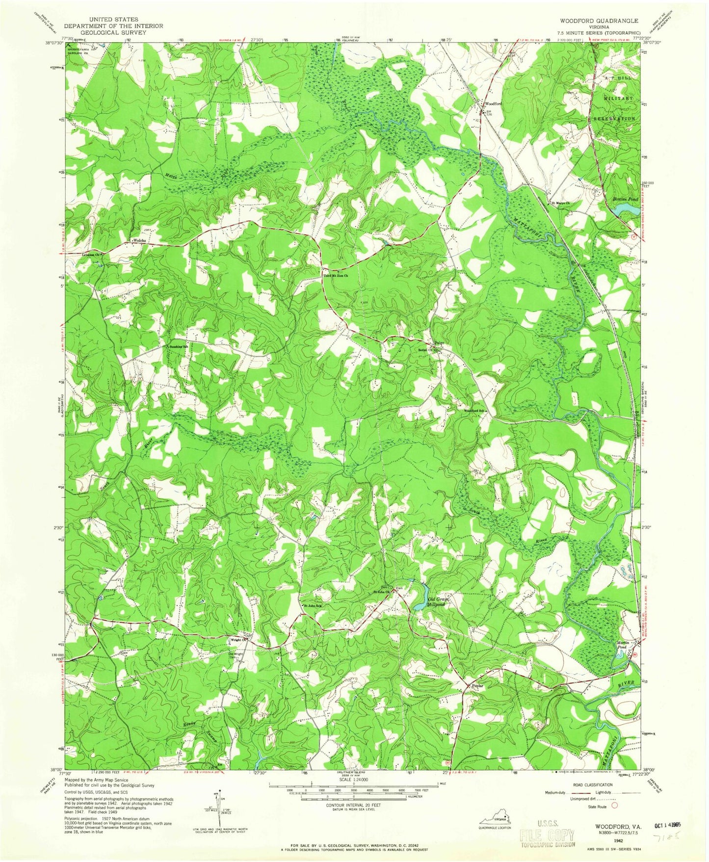 Classic USGS Woodford Virginia 7.5'x7.5' Topo Map Image