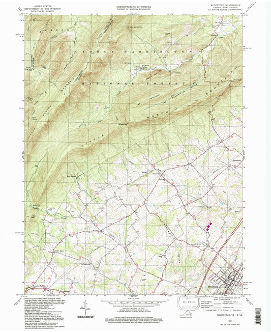 Classic USGS Woodstock Virginia 7.5'x7.5' Topo Map Image