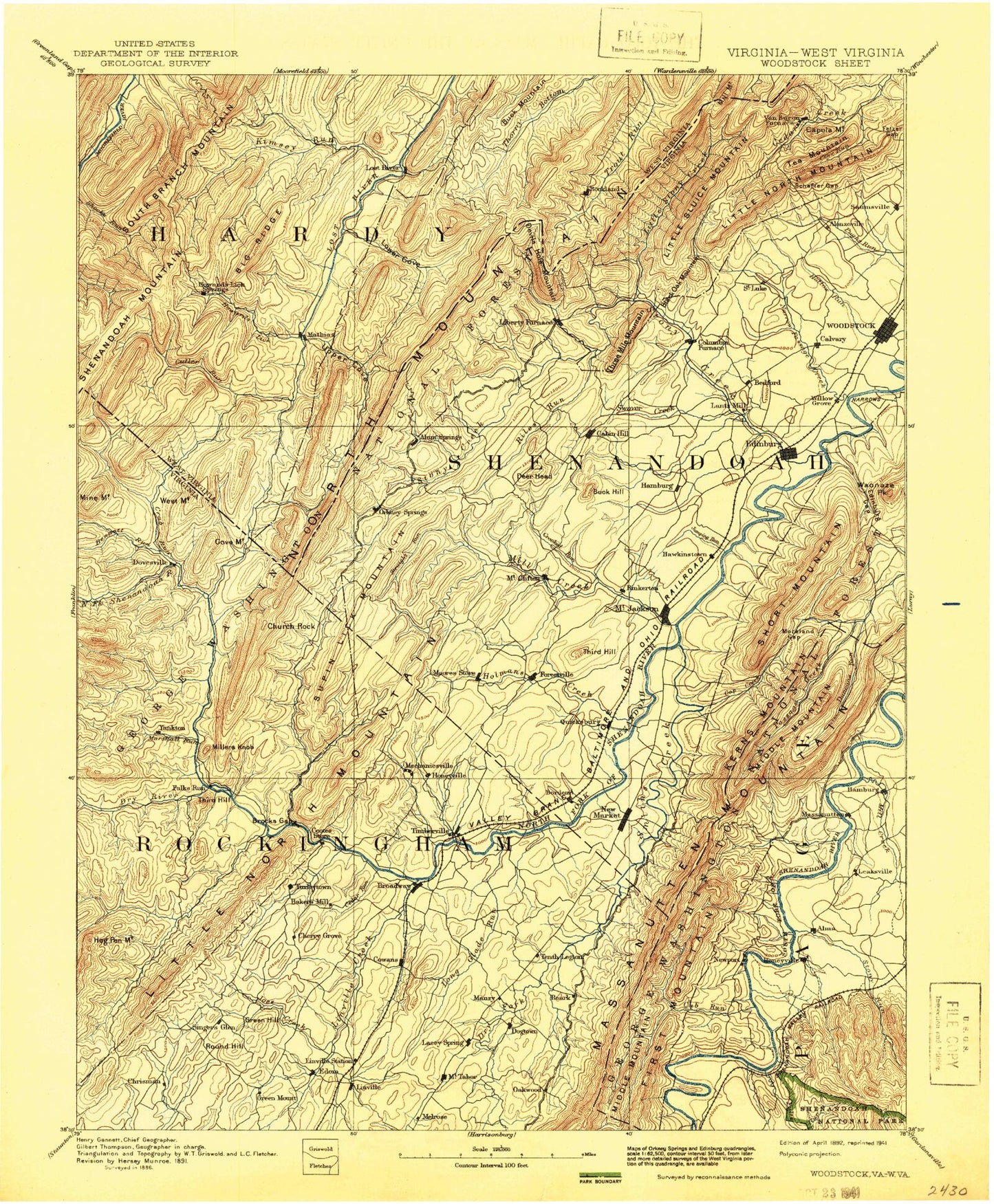 Historic 1892 Woodstock Virginia 30'x30' Topo Map Image