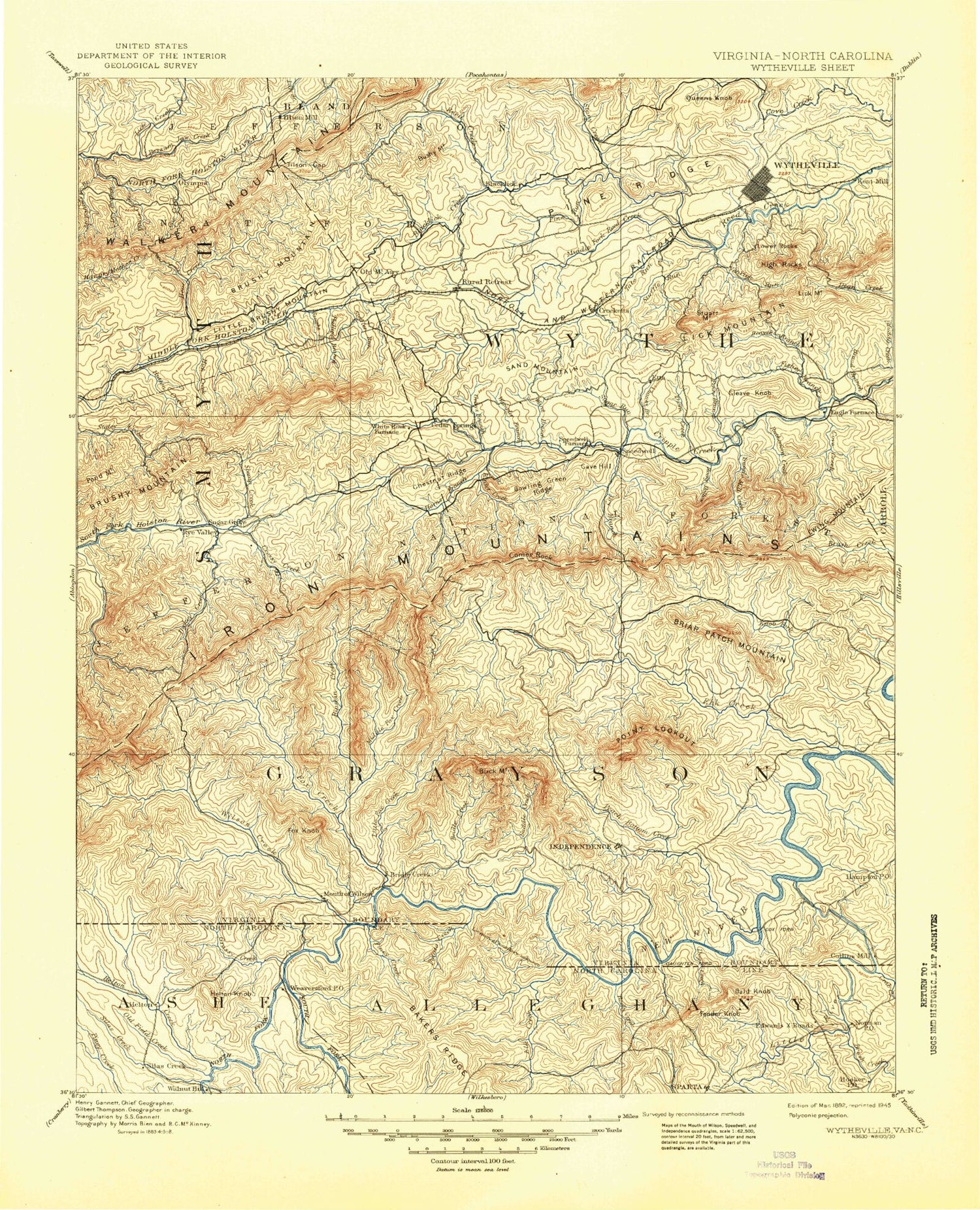 Historic 1892 Wytheville Virginia 30'x30' Topo Map Image