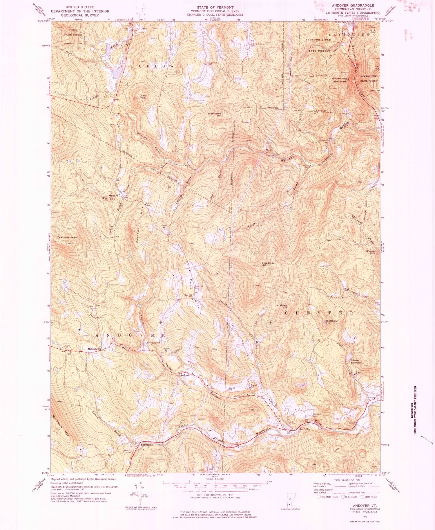 Classic USGS Andover Vermont 7.5'x7.5' Topo Map Image