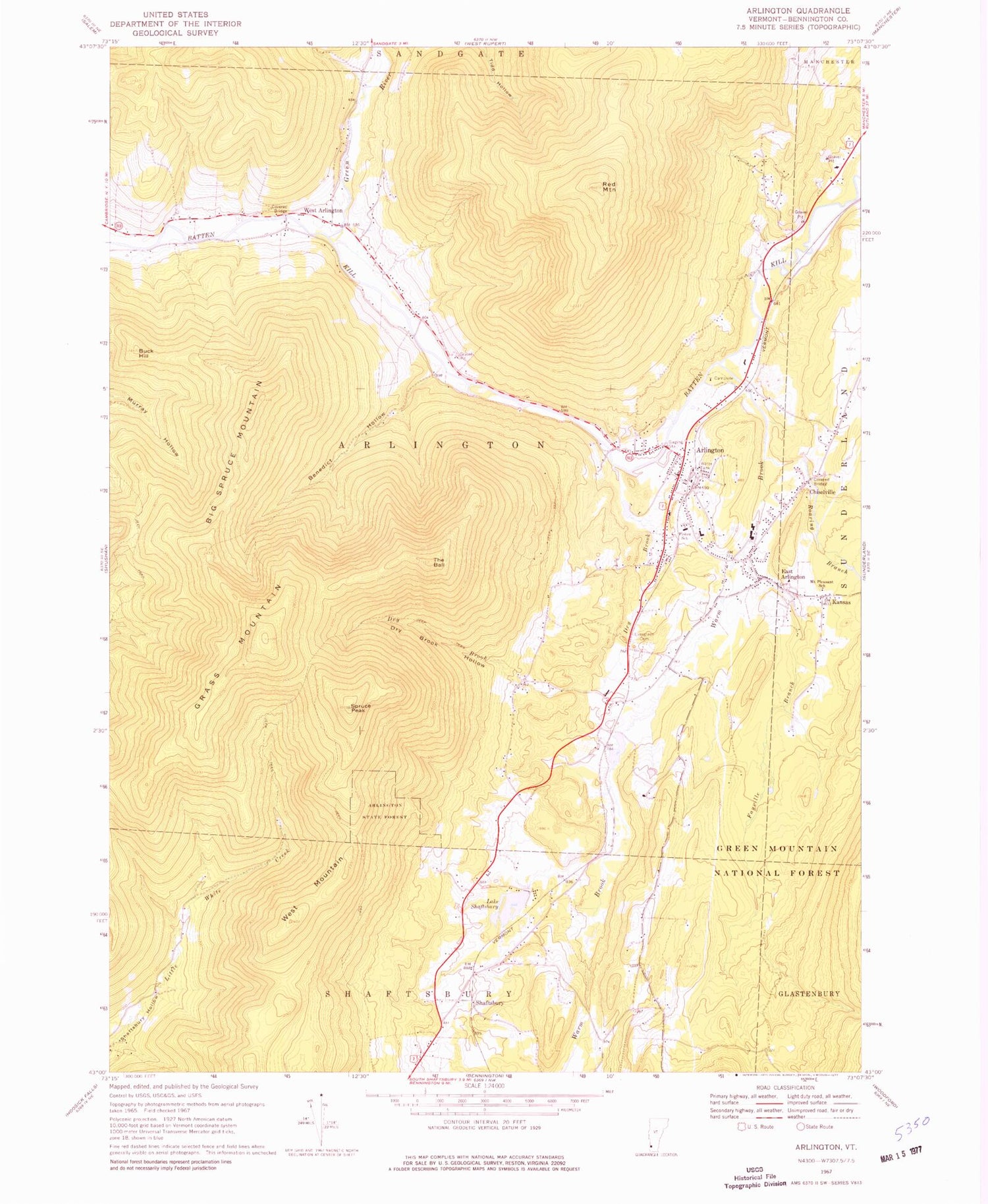 Classic USGS Arlington Vermont 7.5'x7.5' Topo Map Image