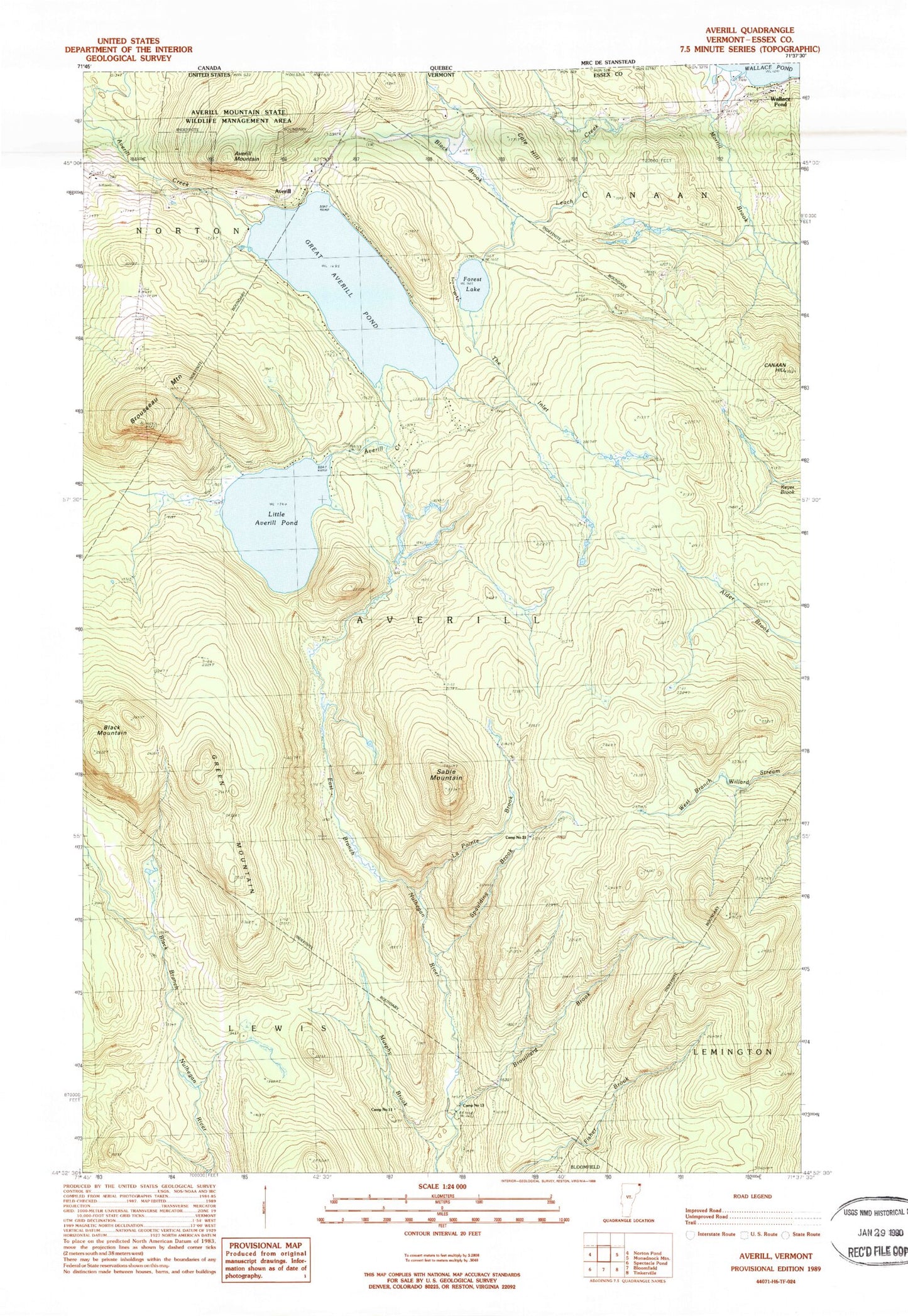 Classic USGS Averill Vermont 7.5'x7.5' Topo Map Image