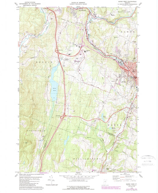 Classic USGS Barre West Vermont 7.5'x7.5' Topo Map Image