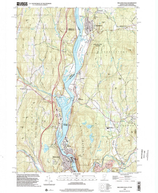 Classic USGS Bellows Falls Vermont 7.5'x7.5' Topo Map Image