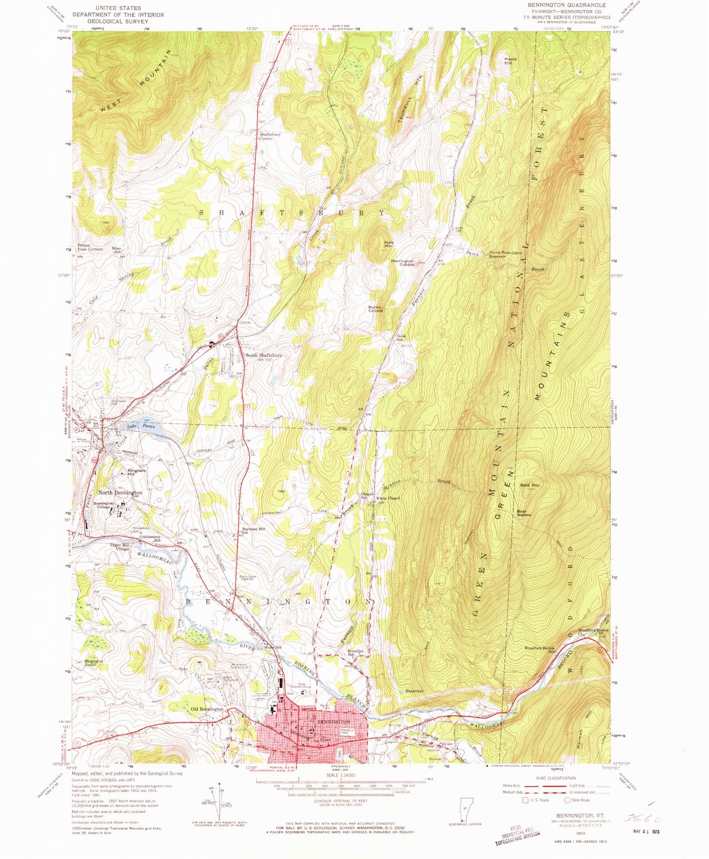 Classic USGS Bennington Vermont 7.5'x7.5' Topo Map Image