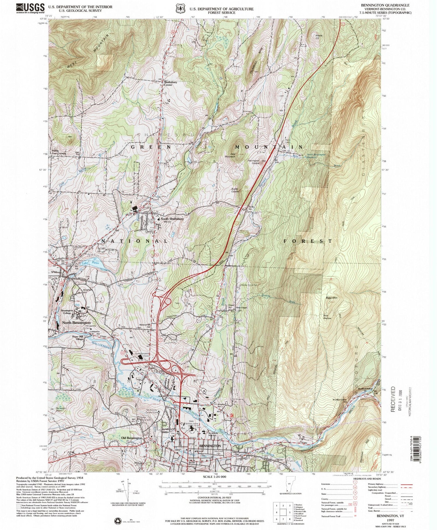 Classic USGS Bennington Vermont 7.5'x7.5' Topo Map Image
