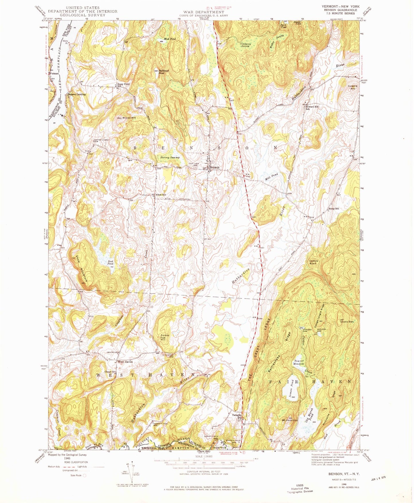 Classic USGS Benson Vermont 7.5'x7.5' Topo Map Image