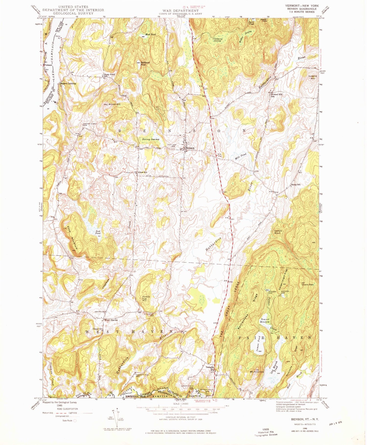 Classic USGS Benson Vermont 7.5'x7.5' Topo Map Image