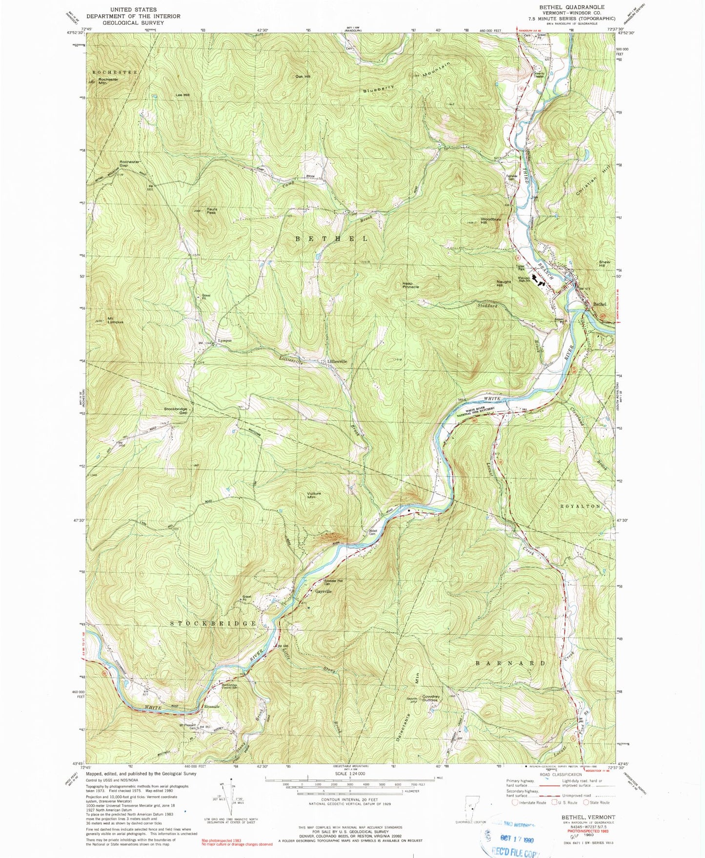 Classic USGS Bethel Vermont 7.5'x7.5' Topo Map Image