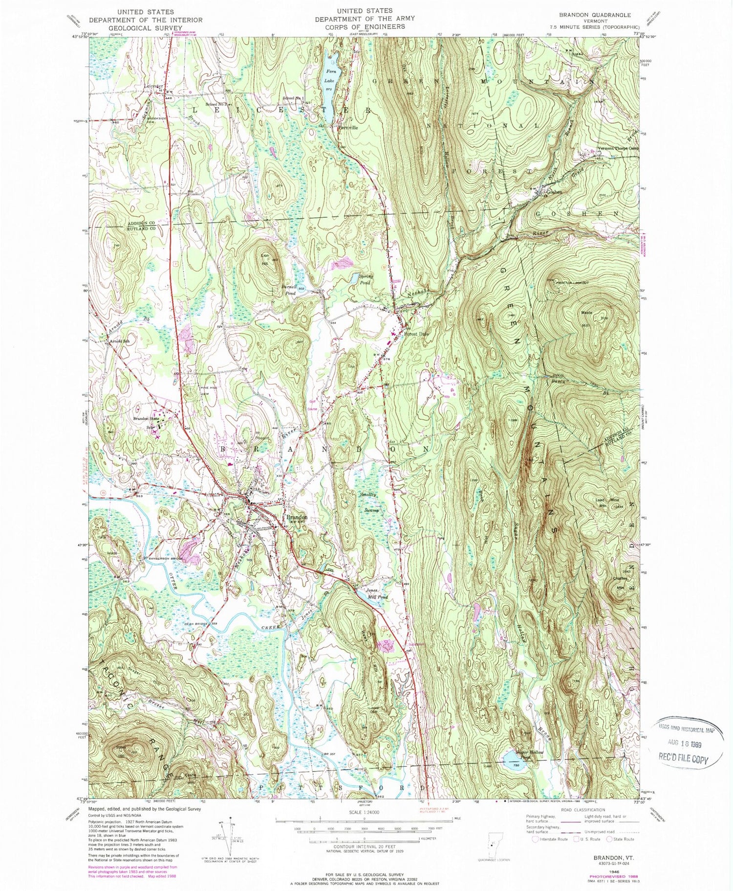 Classic USGS Brandon Vermont 7.5'x7.5' Topo Map Image