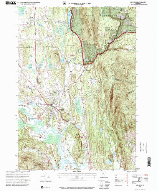 Classic USGS Brandon Vermont 7.5'x7.5' Topo Map Image