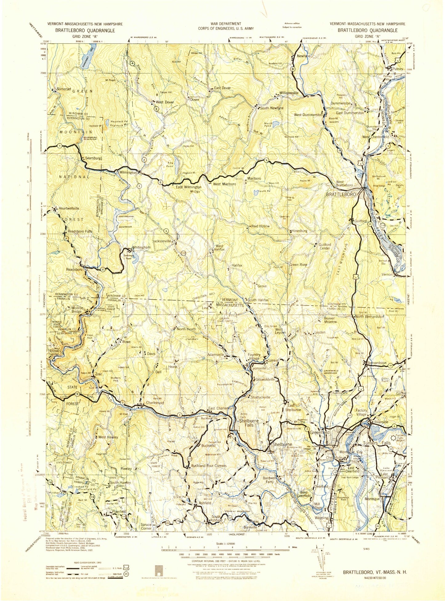 Historic 1943 Brattleboro Vermont 30'x30' Topo Map Image