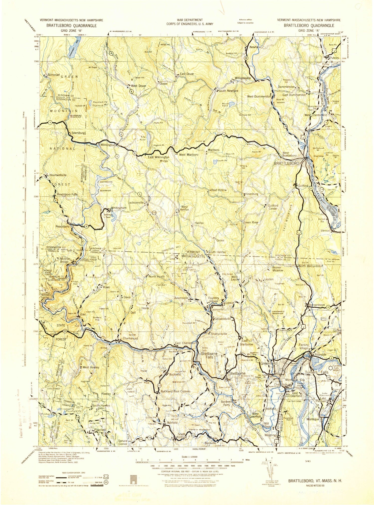 Historic 1943 Brattleboro Vermont 30'x30' Topo Map Image