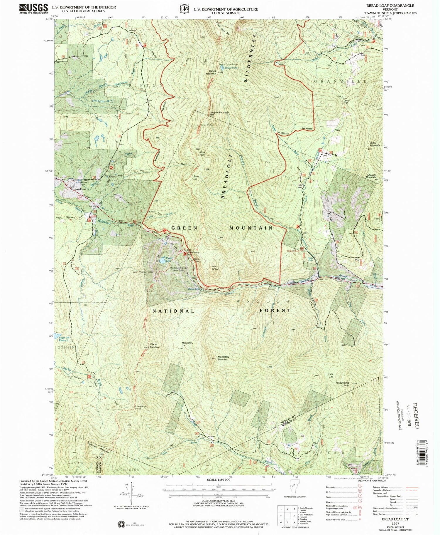 Classic USGS Bread Loaf Vermont 7.5'x7.5' Topo Map Image