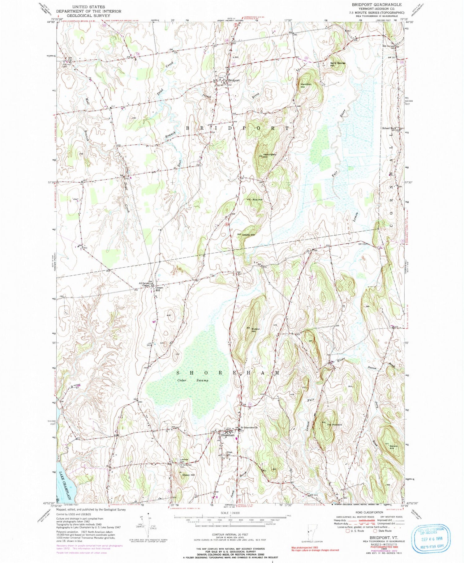 Classic USGS Bridport Vermont 7.5'x7.5' Topo Map Image