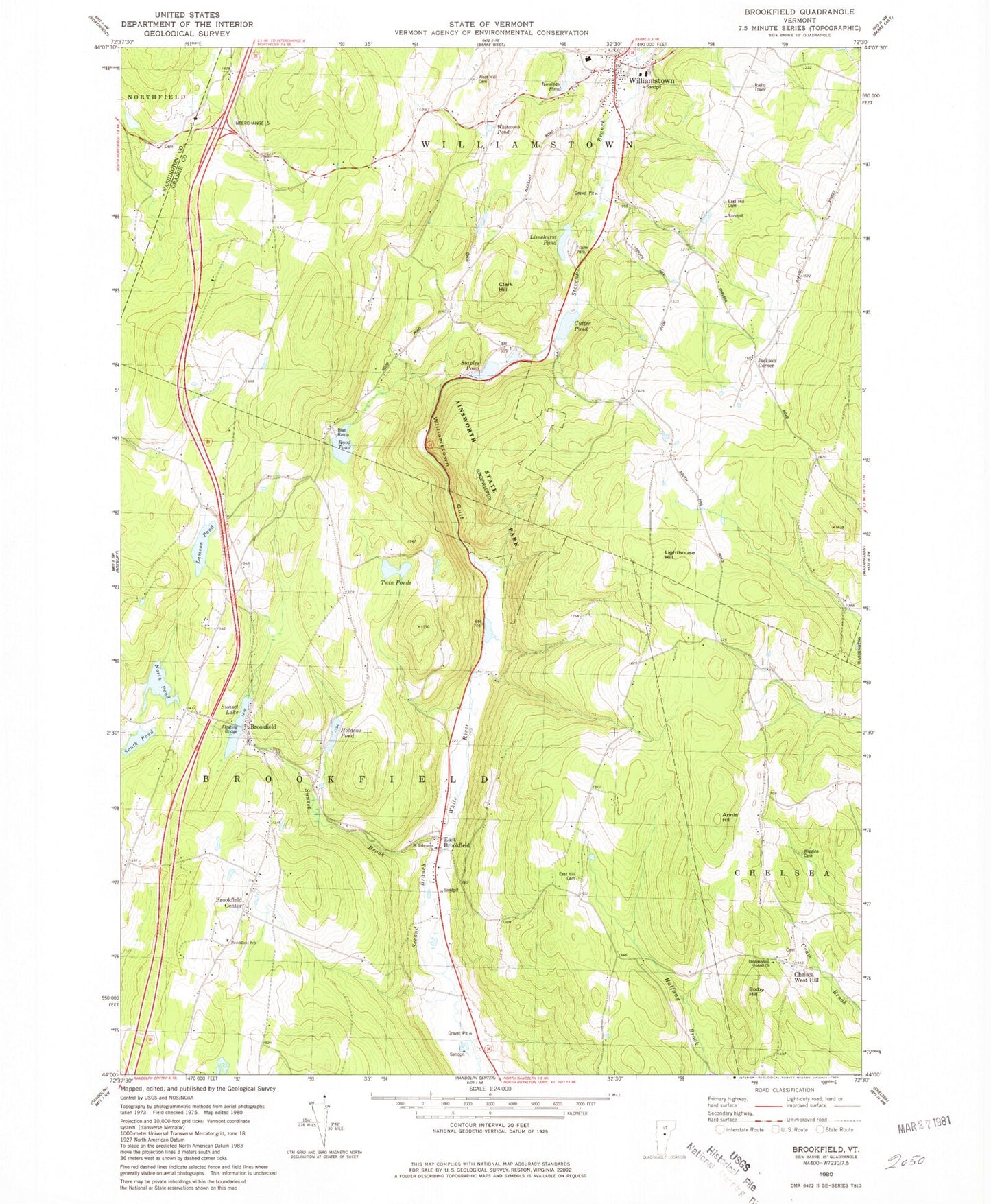 Classic USGS Brookfield Vermont 7.5'x7.5' Topo Map Image