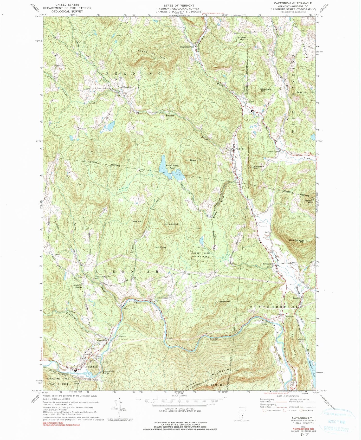 Classic USGS Cavendish Vermont 7.5'x7.5' Topo Map Image