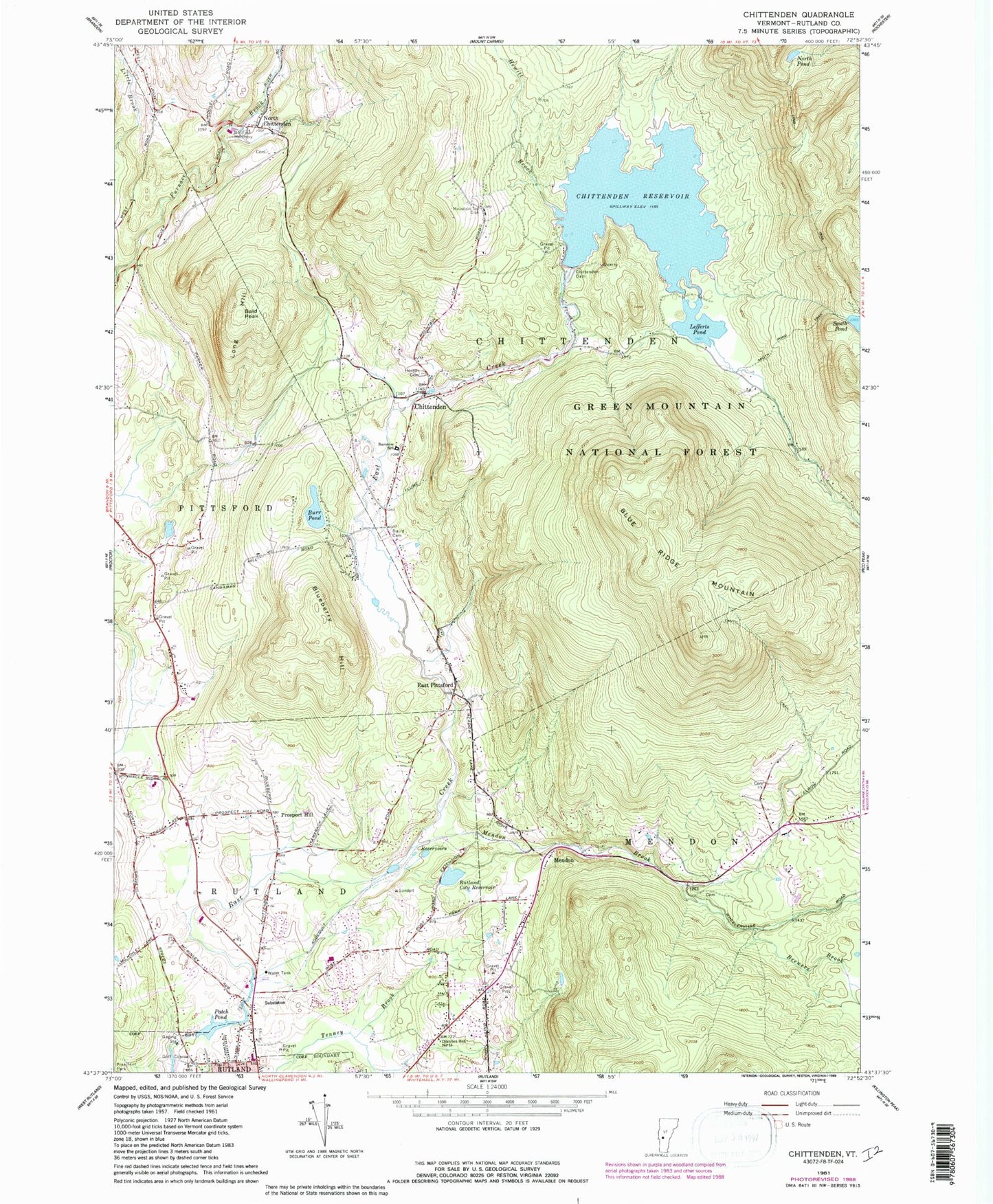 Classic USGS Chittenden Vermont 7.5'x7.5' Topo Map Image