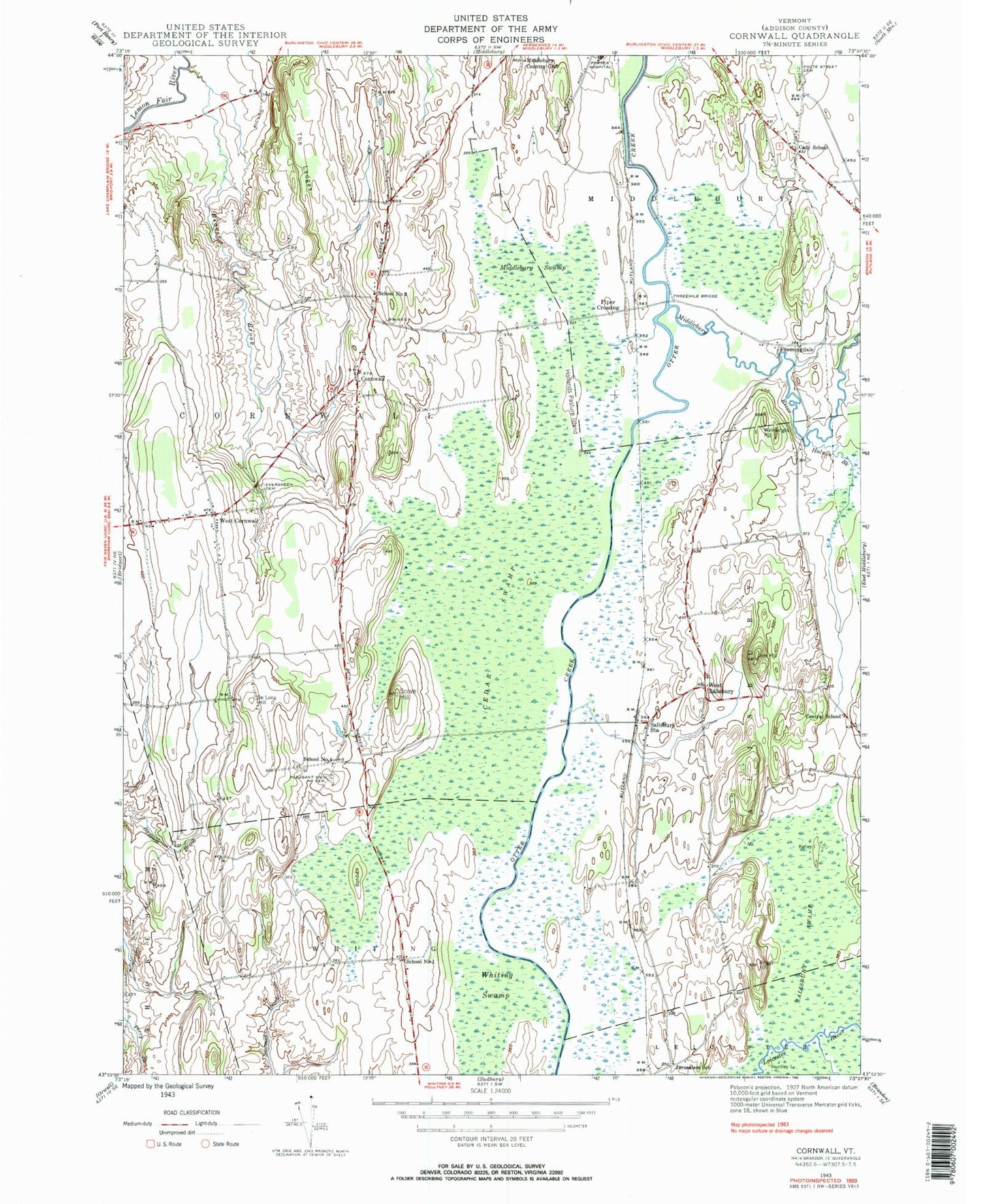 Classic USGS Cornwall Vermont 7.5'x7.5' Topo Map Image