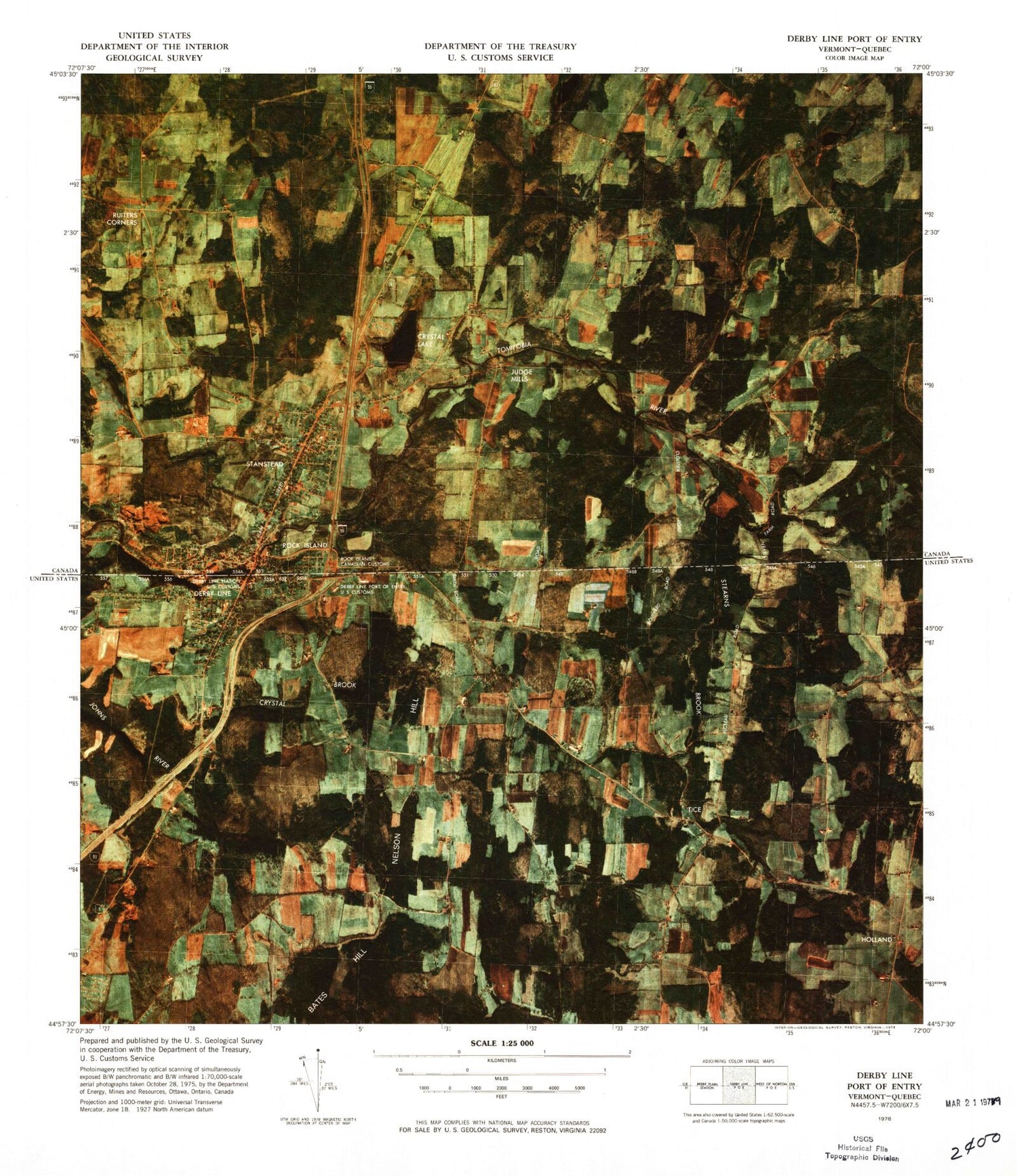 Classic USGS Derby Line Port of Entry Vermont 7.5'x7.5' Topo Map Image