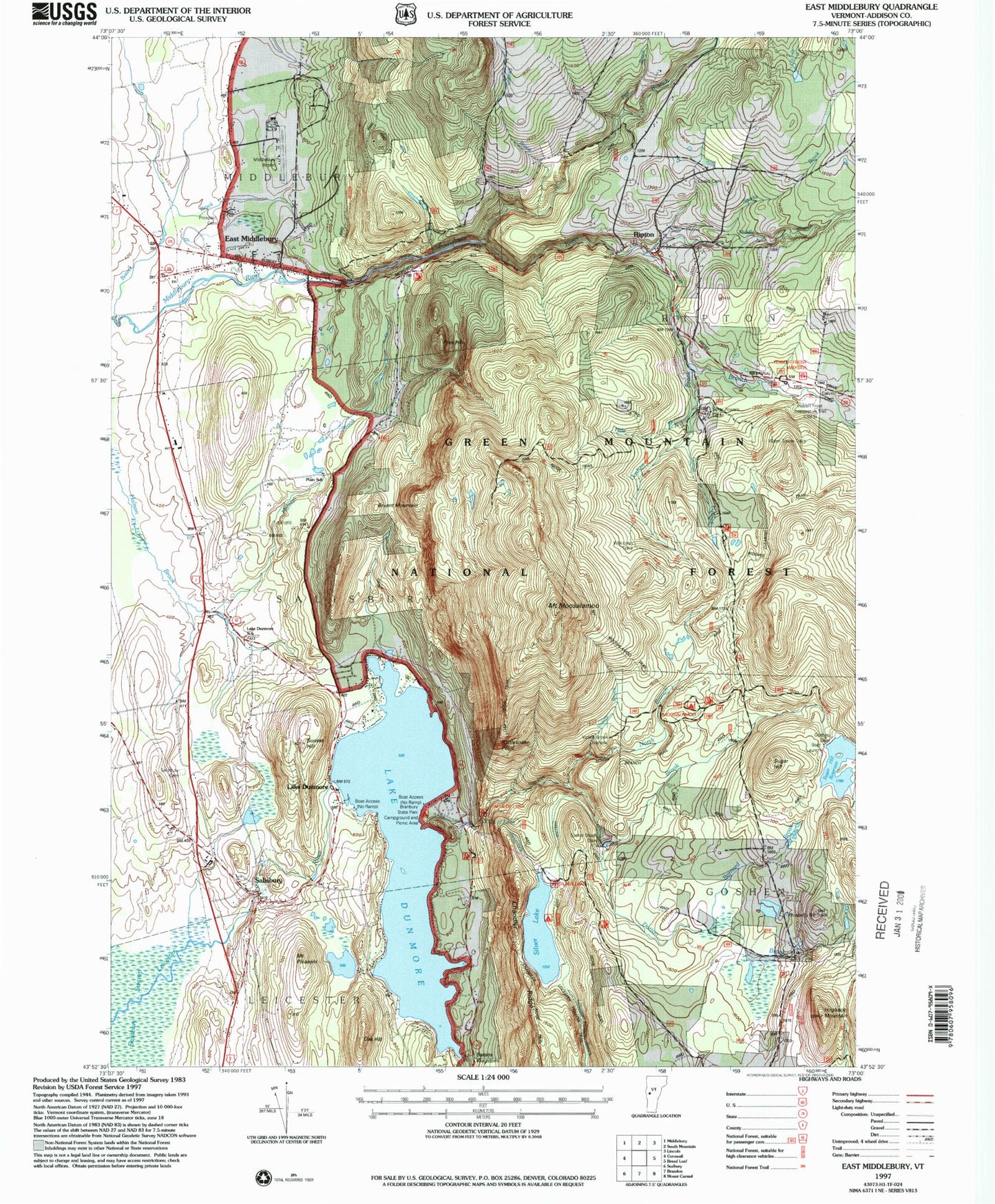 Classic USGS East Middlebury Vermont 7.5'x7.5' Topo Map Image