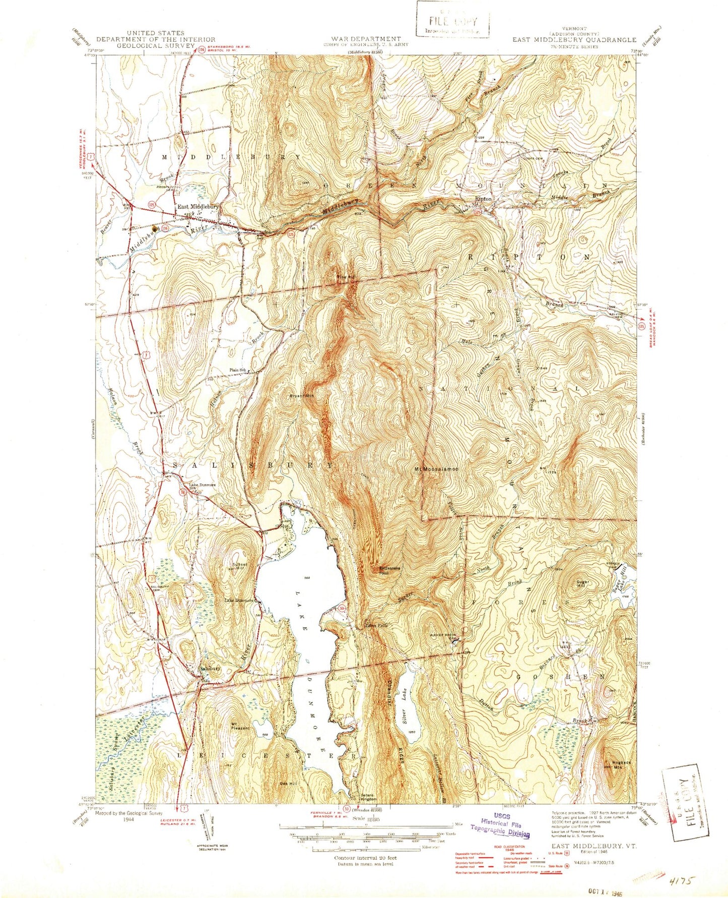 Classic USGS East Middlebury Vermont 7.5'x7.5' Topo Map Image