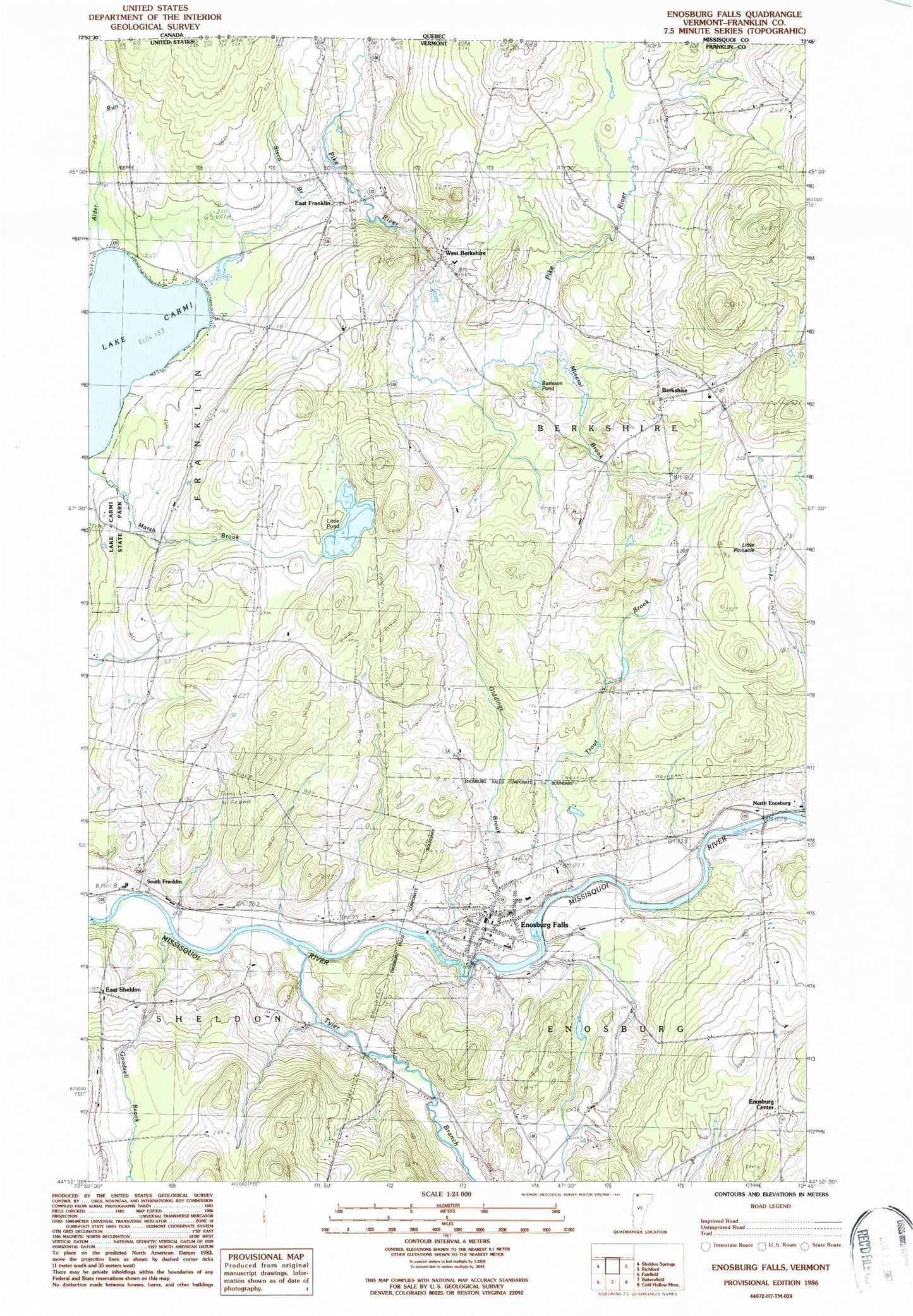 Classic USGS Enosburg Falls Vermont 7.5'x7.5' Topo Map Image