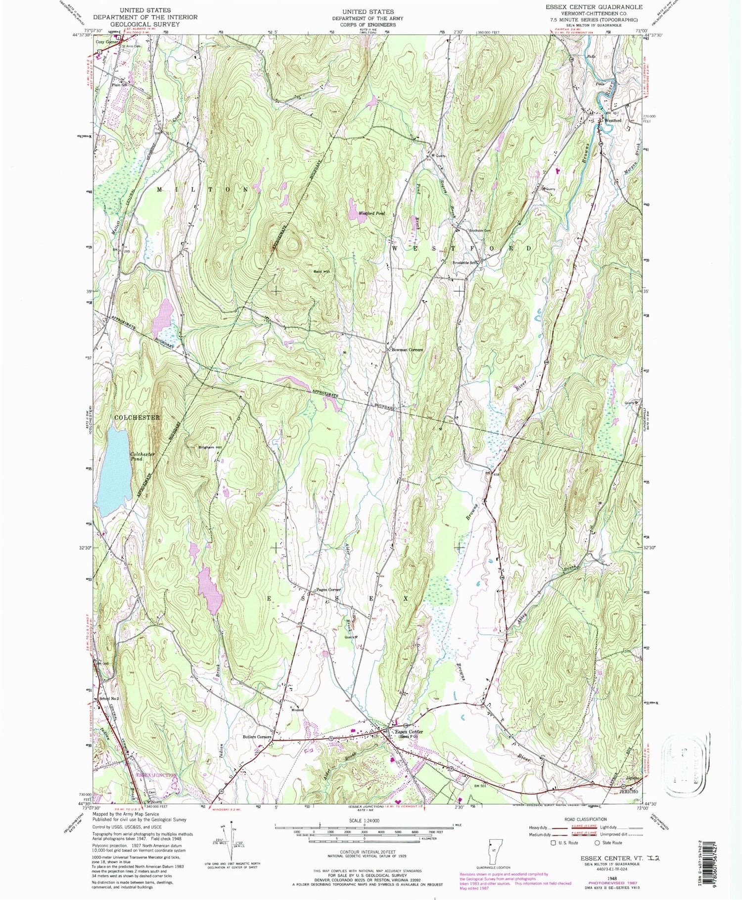 Classic USGS Essex Center Vermont 7.5'x7.5' Topo Map Image