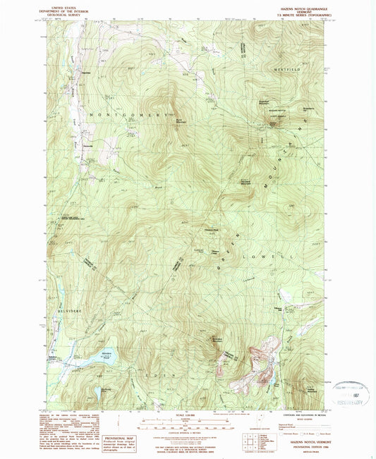 Classic USGS Hazens Notch Vermont 7.5'x7.5' Topo Map Image