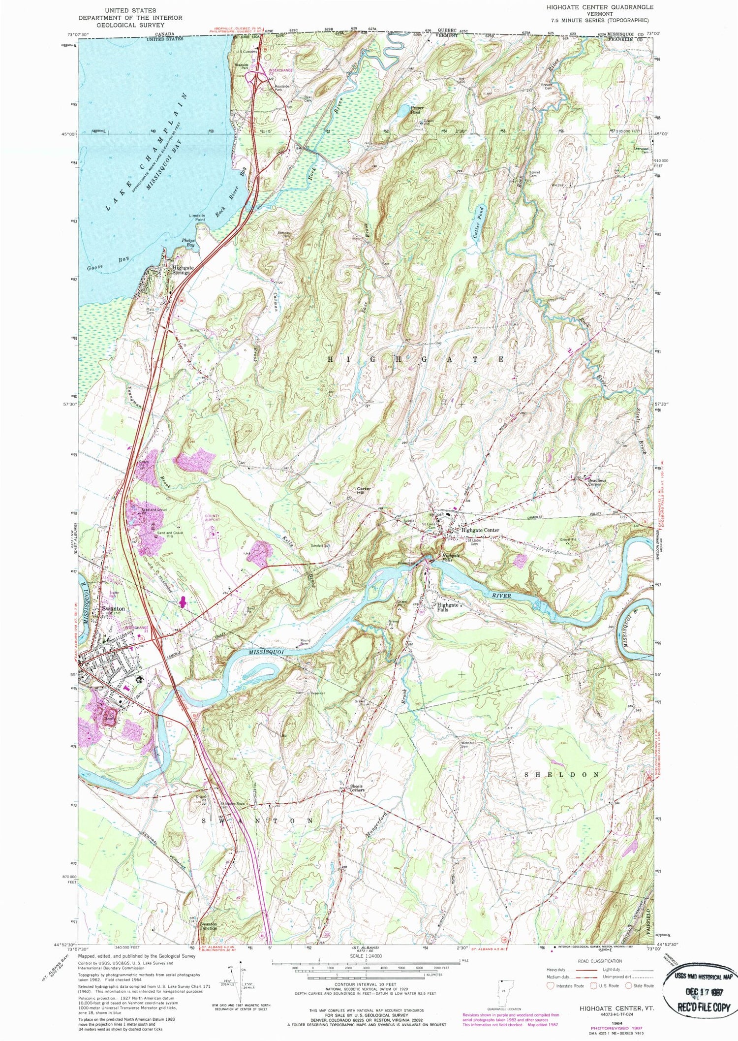 Classic USGS Highgate Center Vermont 7.5'x7.5' Topo Map Image