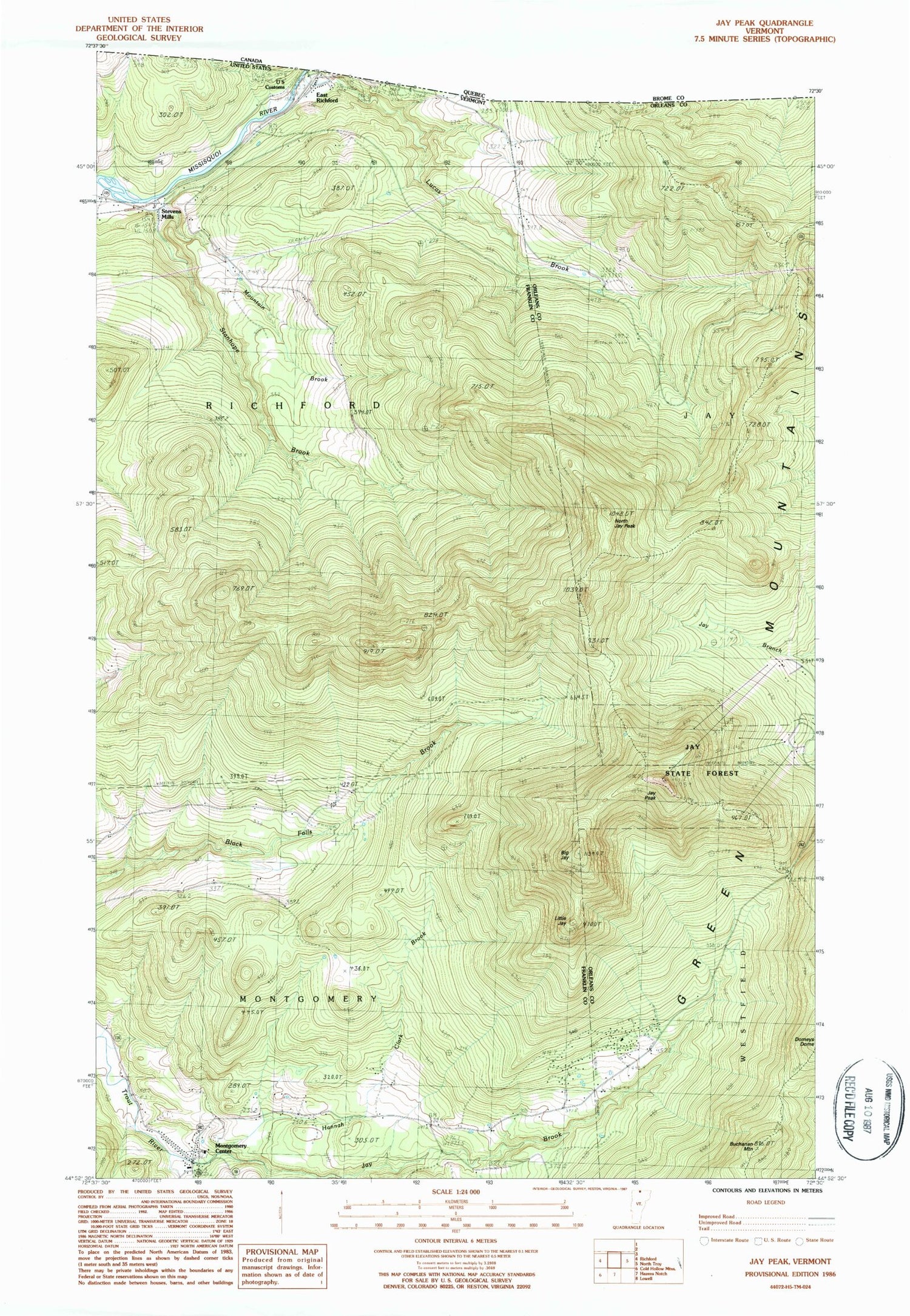 Classic USGS Jay Peak Vermont 7.5'x7.5' Topo Map Image