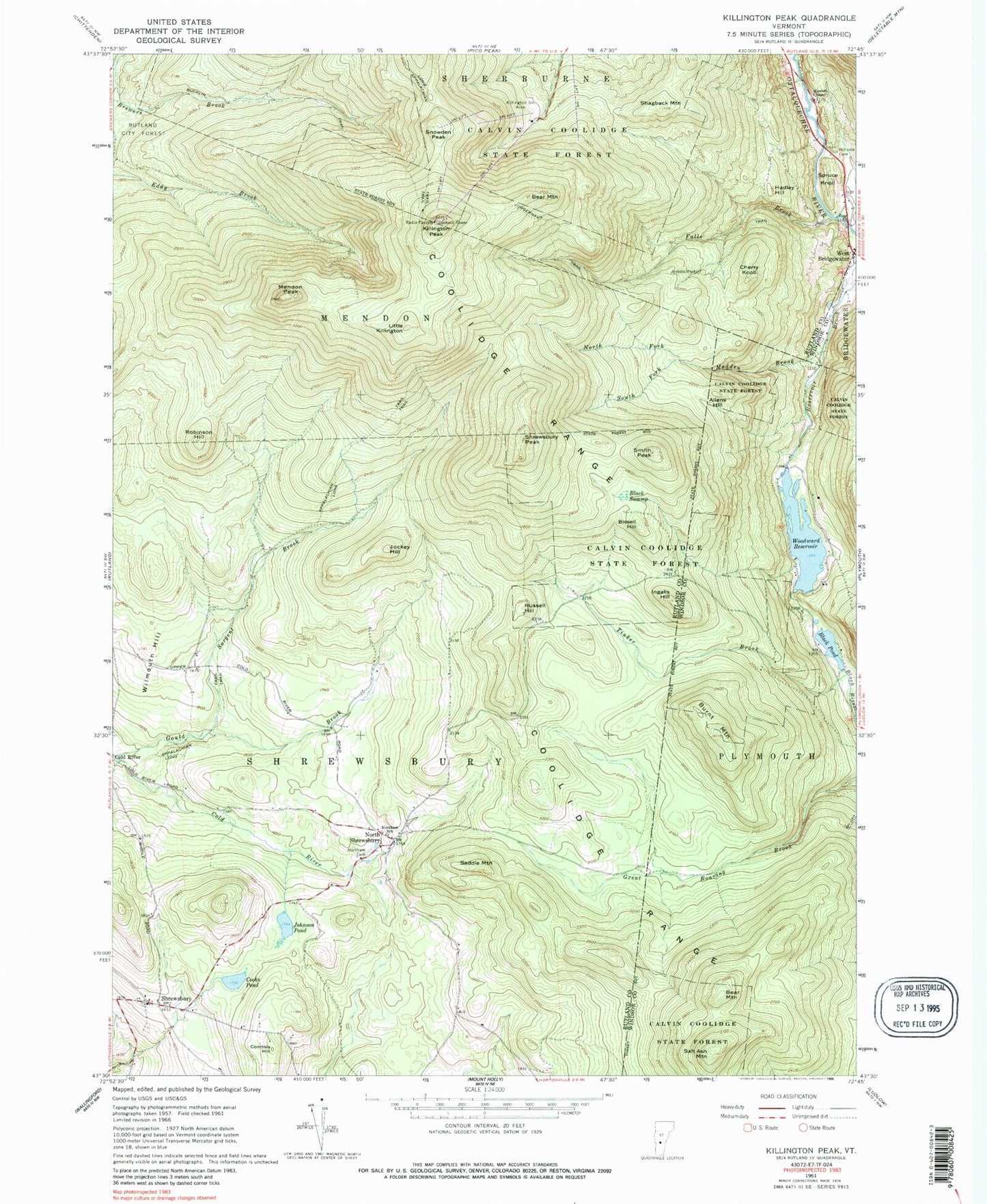 Classic USGS Killington Peak Vermont 7.5'x7.5' Topo Map Image