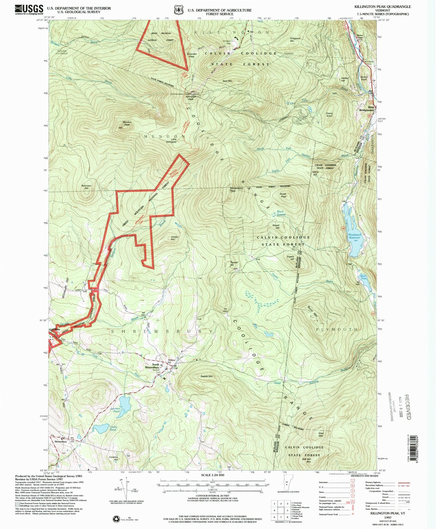 Classic USGS Killington Peak Vermont 7.5'x7.5' Topo Map Image