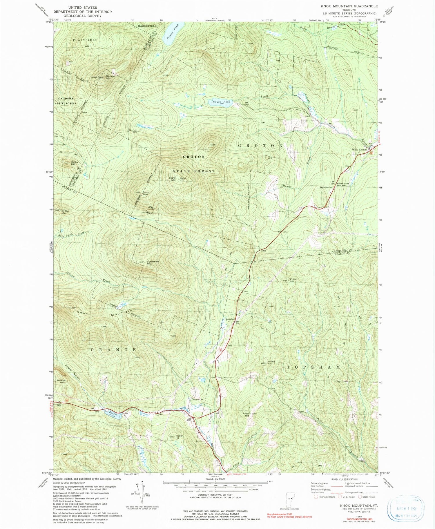 Classic USGS Knox Mountain Vermont 7.5'x7.5' Topo Map Image