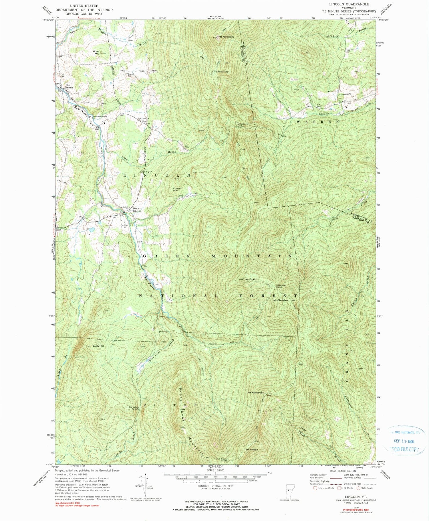 Classic USGS Lincoln Vermont 7.5'x7.5' Topo Map Image