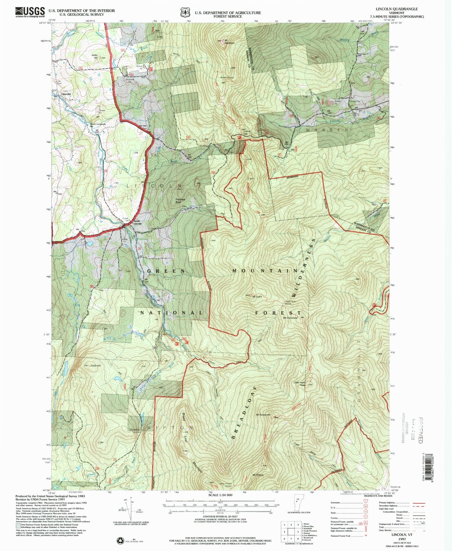 Classic USGS Lincoln Vermont 7.5'x7.5' Topo Map Image