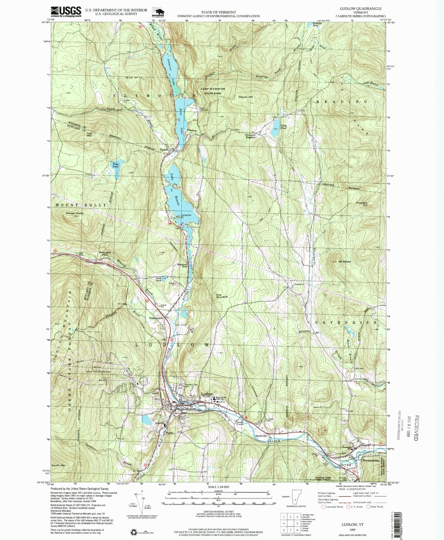 Classic USGS Ludlow Vermont 7.5'x7.5' Topo Map Image