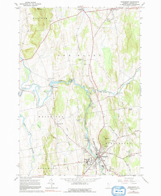 Classic USGS Middlebury Vermont 7.5'x7.5' Topo Map Image