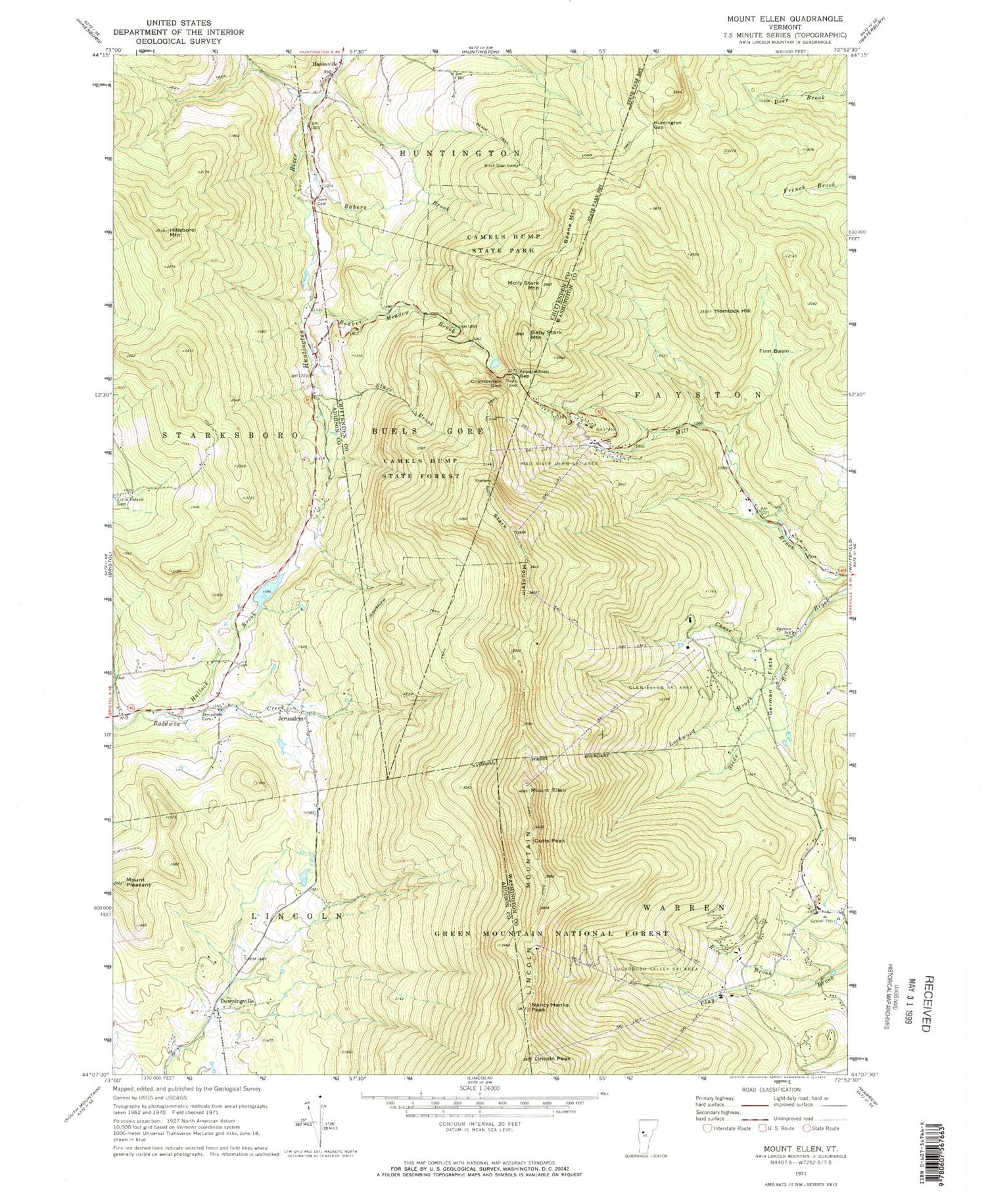 Classic USGS Mount Ellen Vermont 7.5'x7.5' Topo Map Image