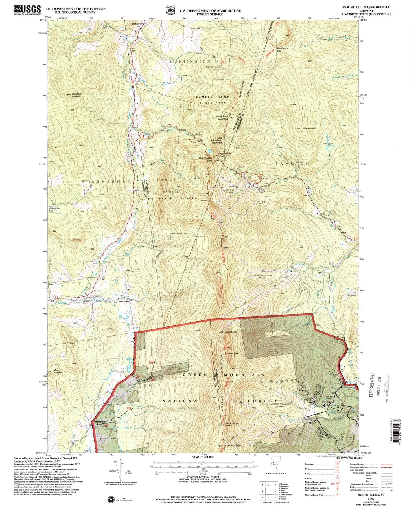 Classic USGS Mount Ellen Vermont 7.5'x7.5' Topo Map Image