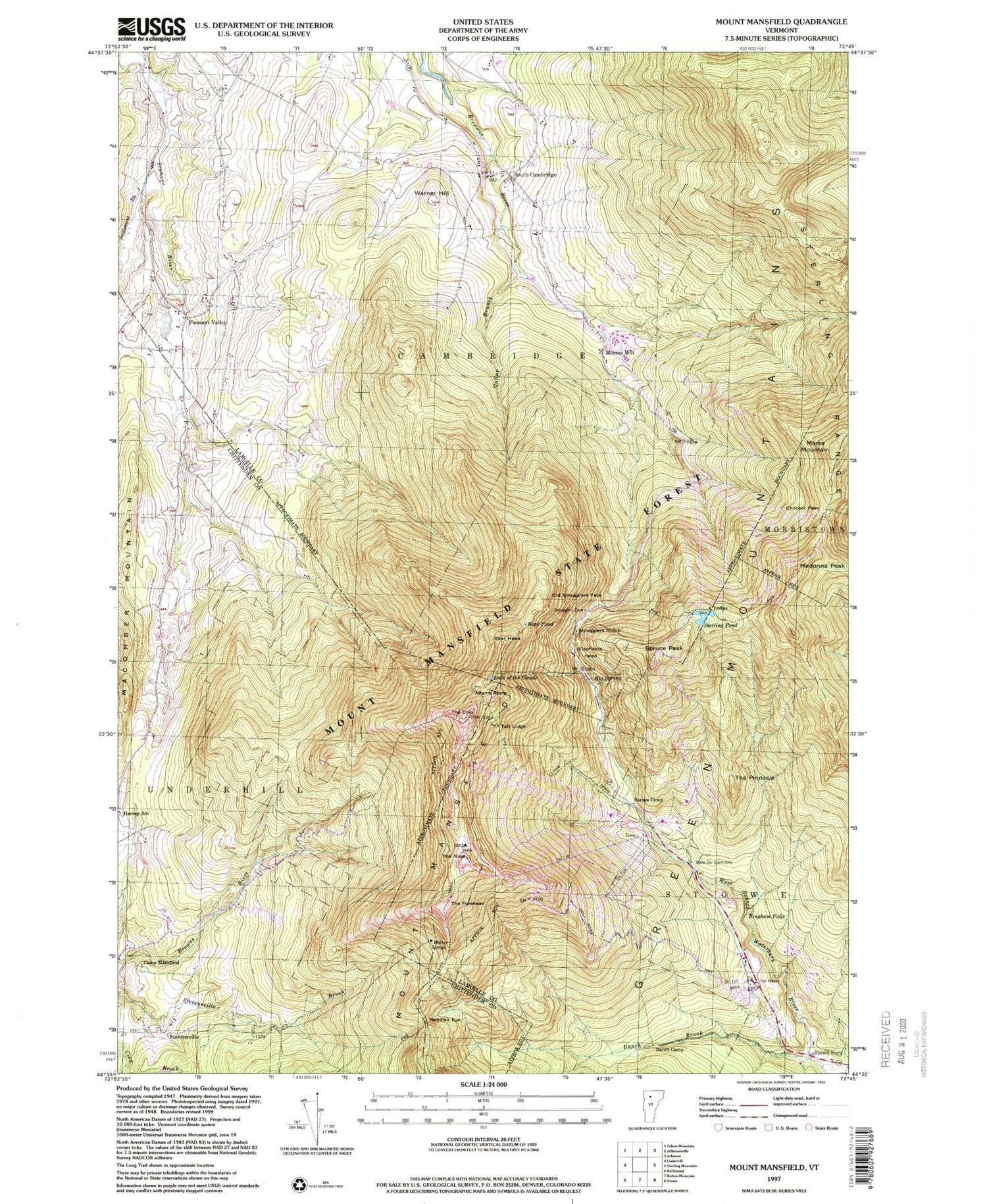 USGS Classic Mount Mansfield Vermont 7.5'x7.5' Topo Map Image