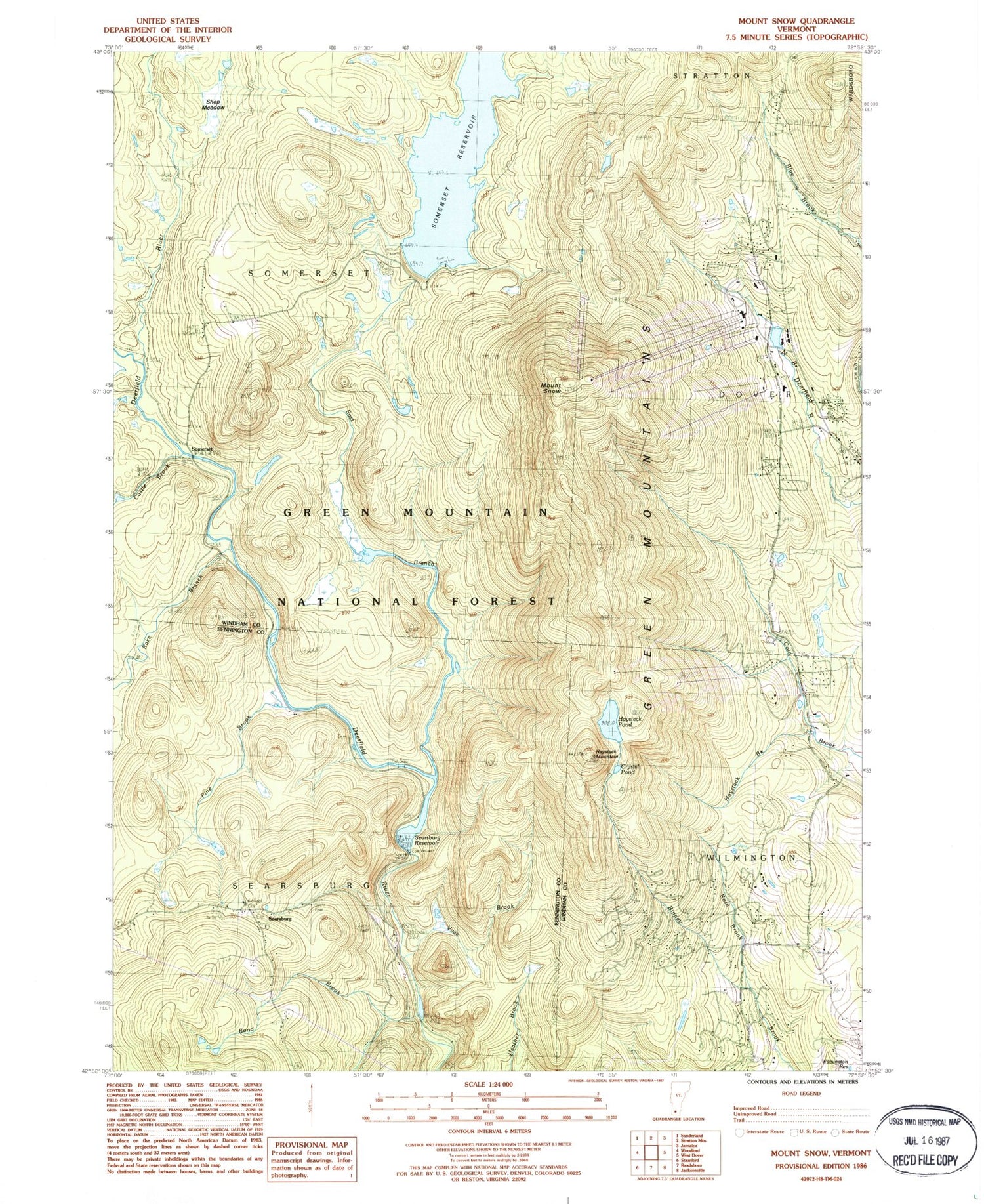 Classic USGS Mount Snow Vermont 7.5'x7.5' Topo Map Image