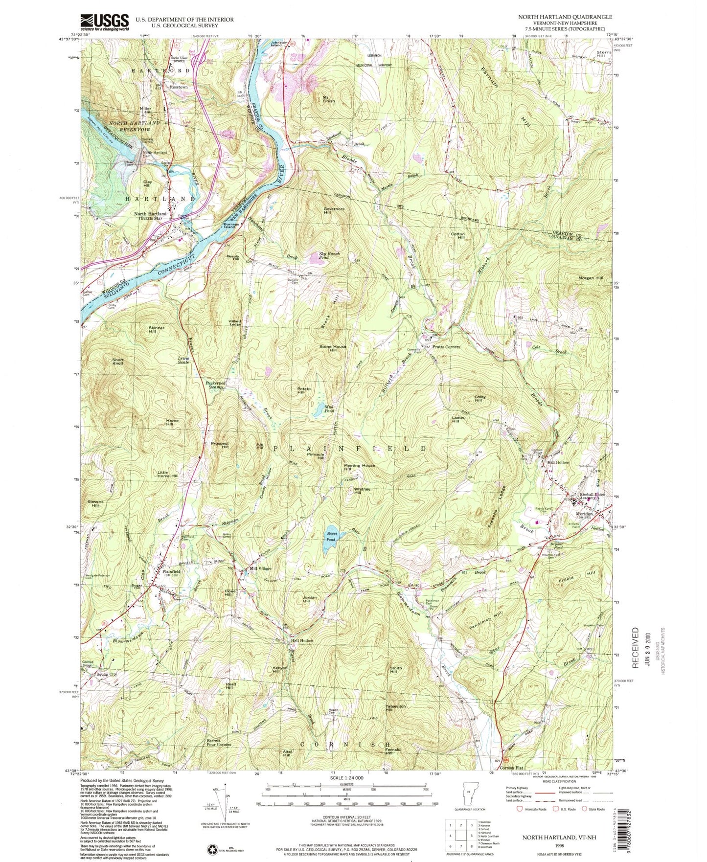 Classic USGS North Hartland Vermont 7.5'x7.5' Topo Map Image