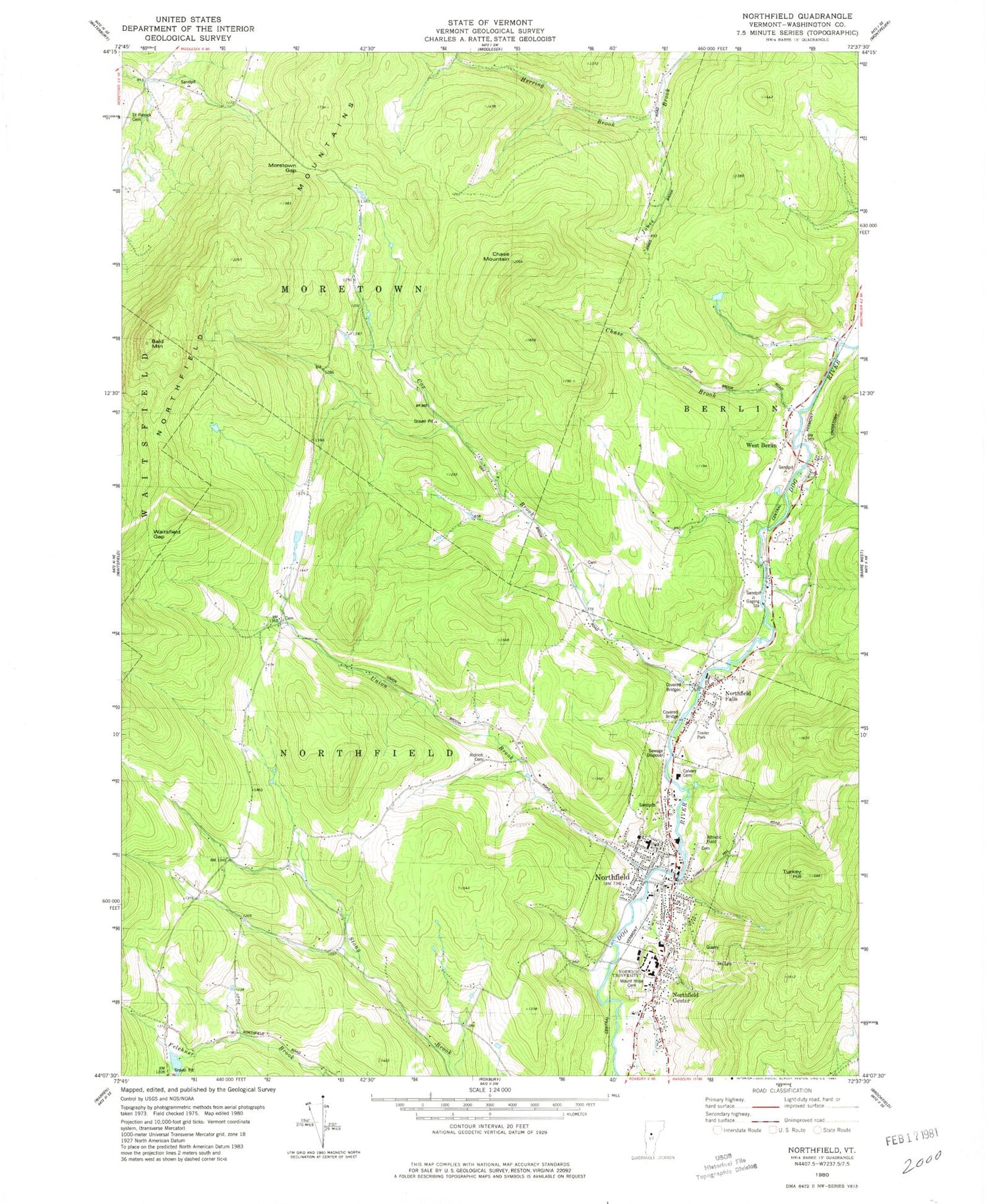 USGS Classic Northfield Vermont 7.5'x7.5' Topo Map Image