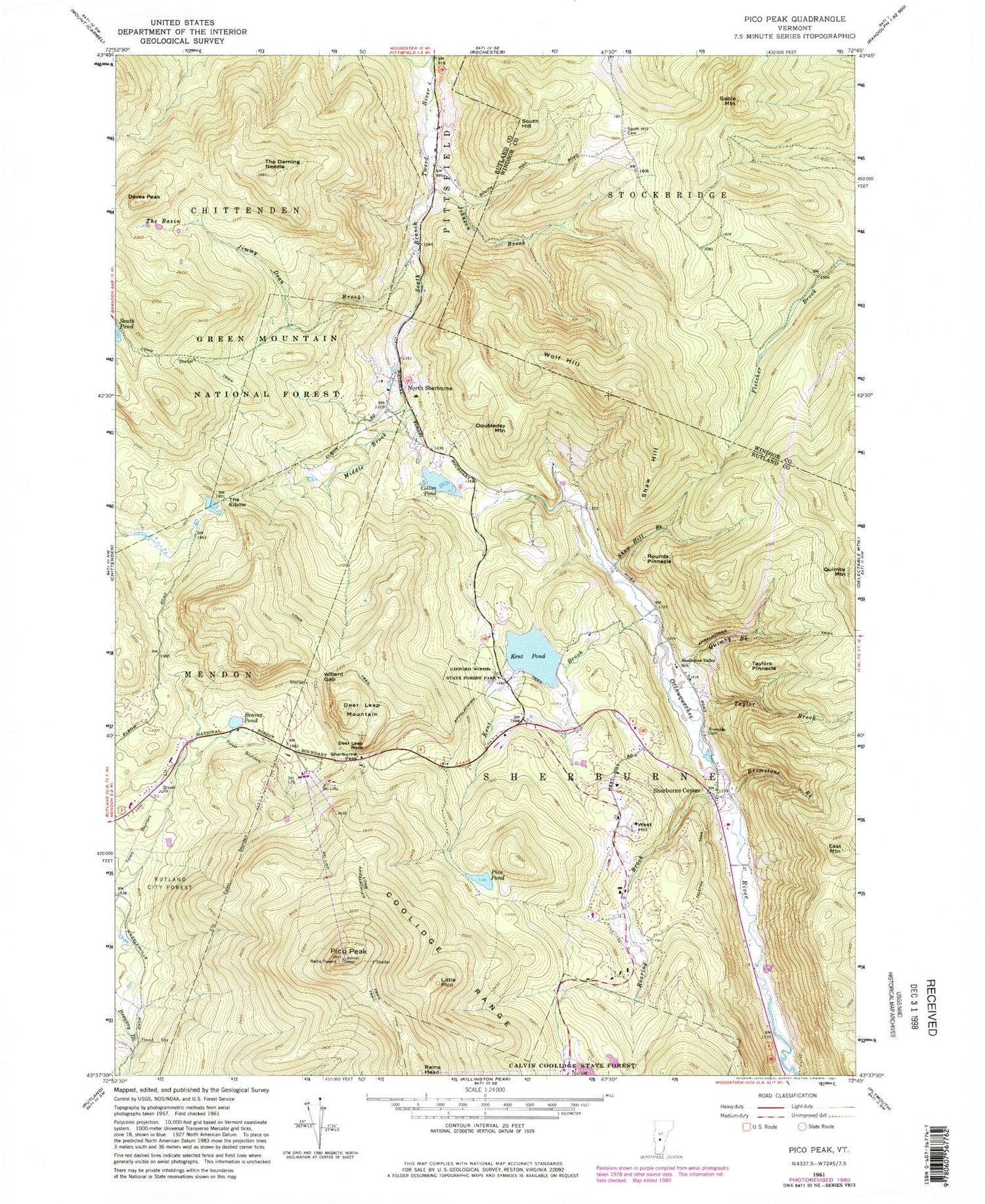 Classic USGS Pico Peak Vermont 7.5'x7.5' Topo Map Image