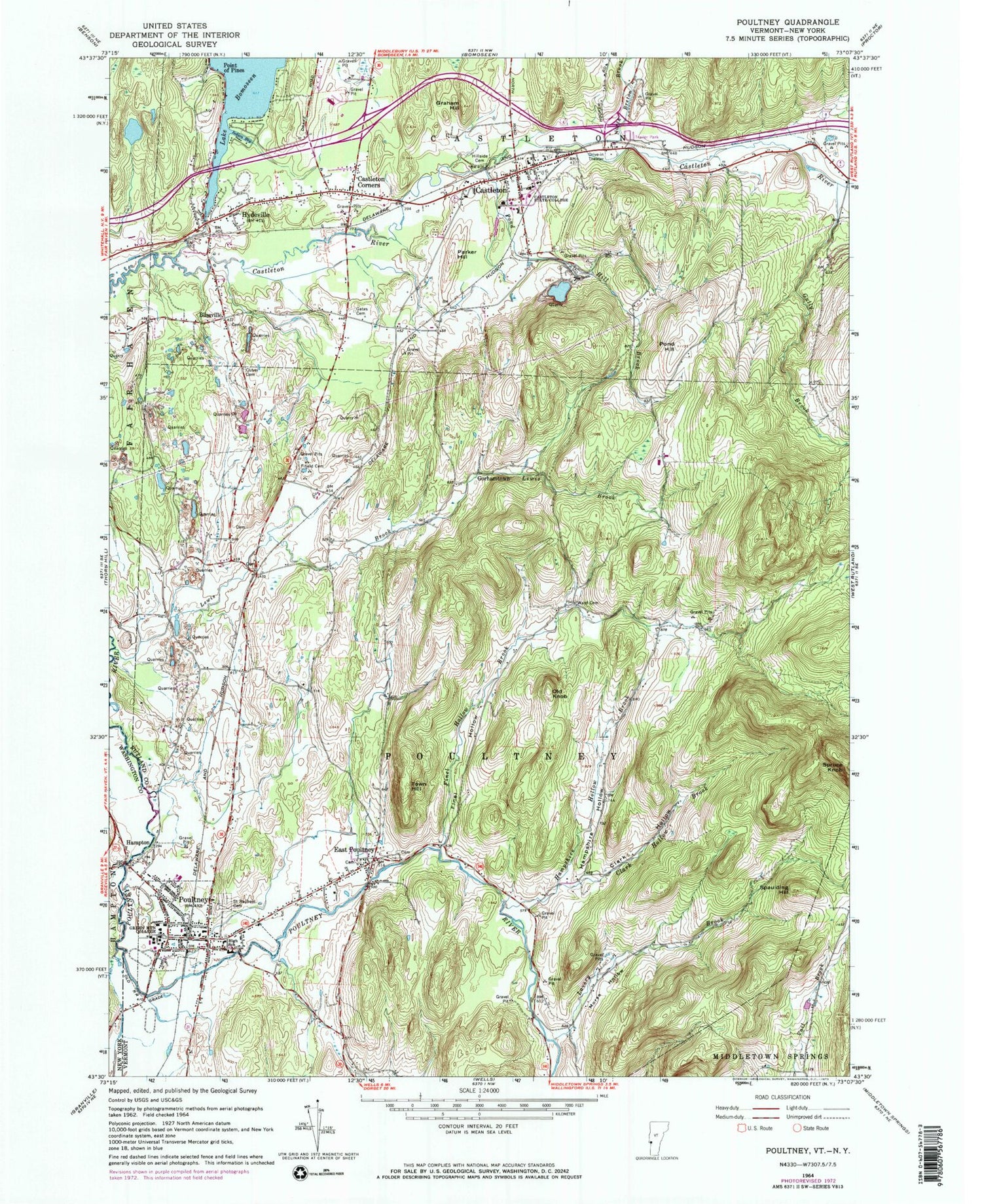 Classic USGS Poultney Vermont 7.5'x7.5' Topo Map Image