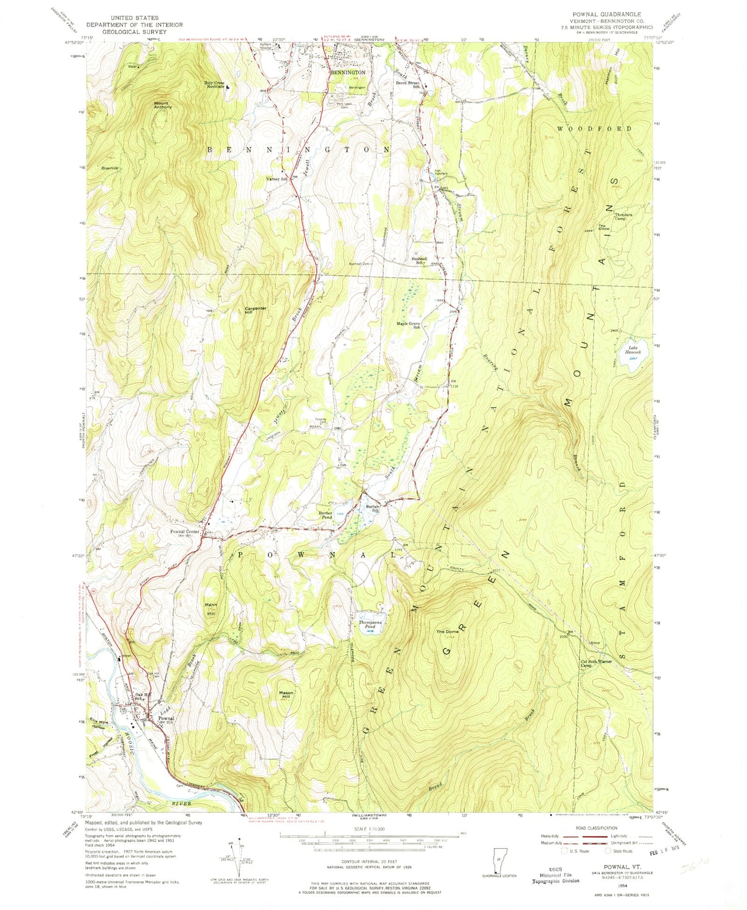 Classic USGS Pownal Vermont 7.5'x7.5' Topo Map Image