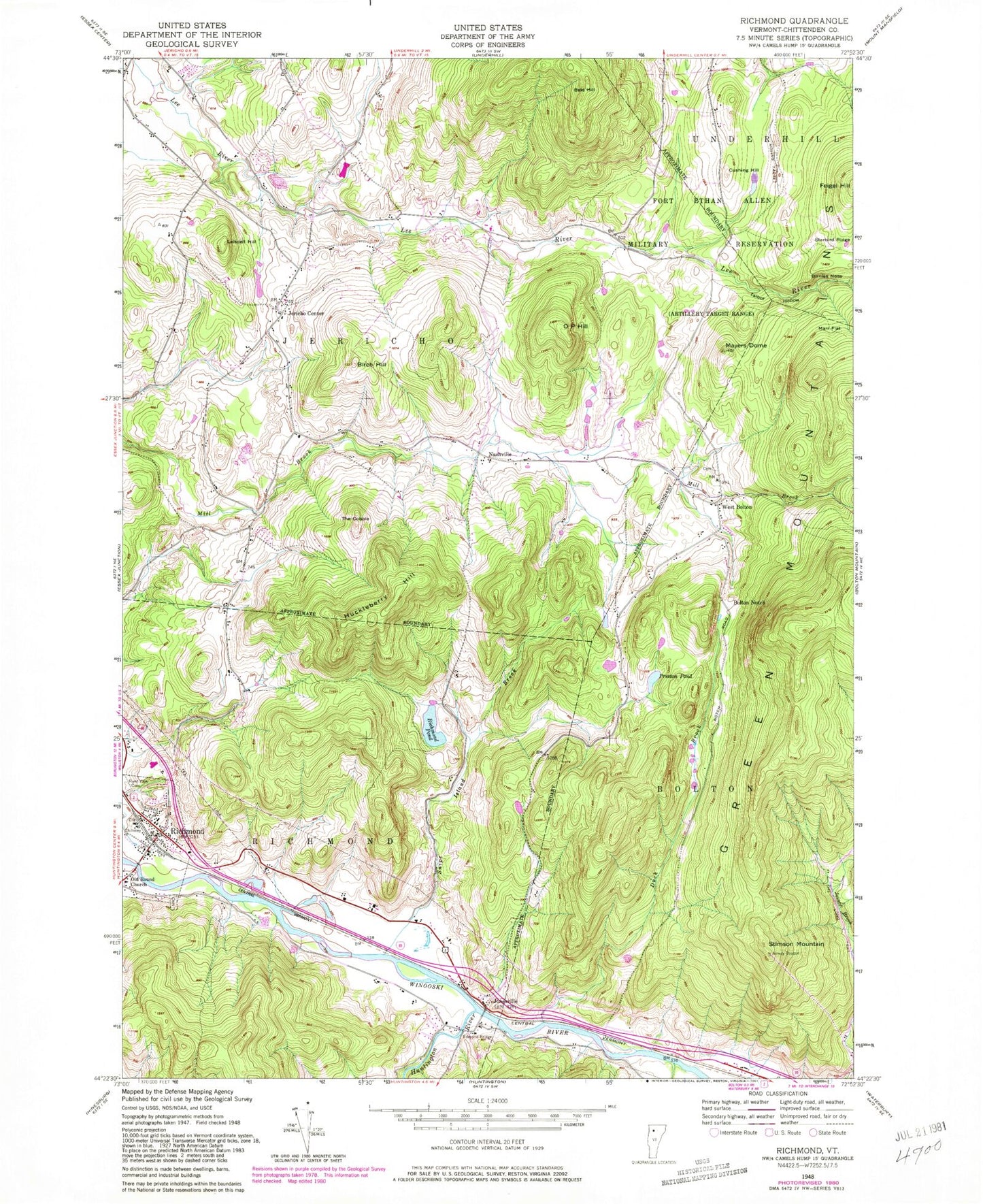 Classic USGS Richmond Vermont 7.5'x7.5' Topo Map Image