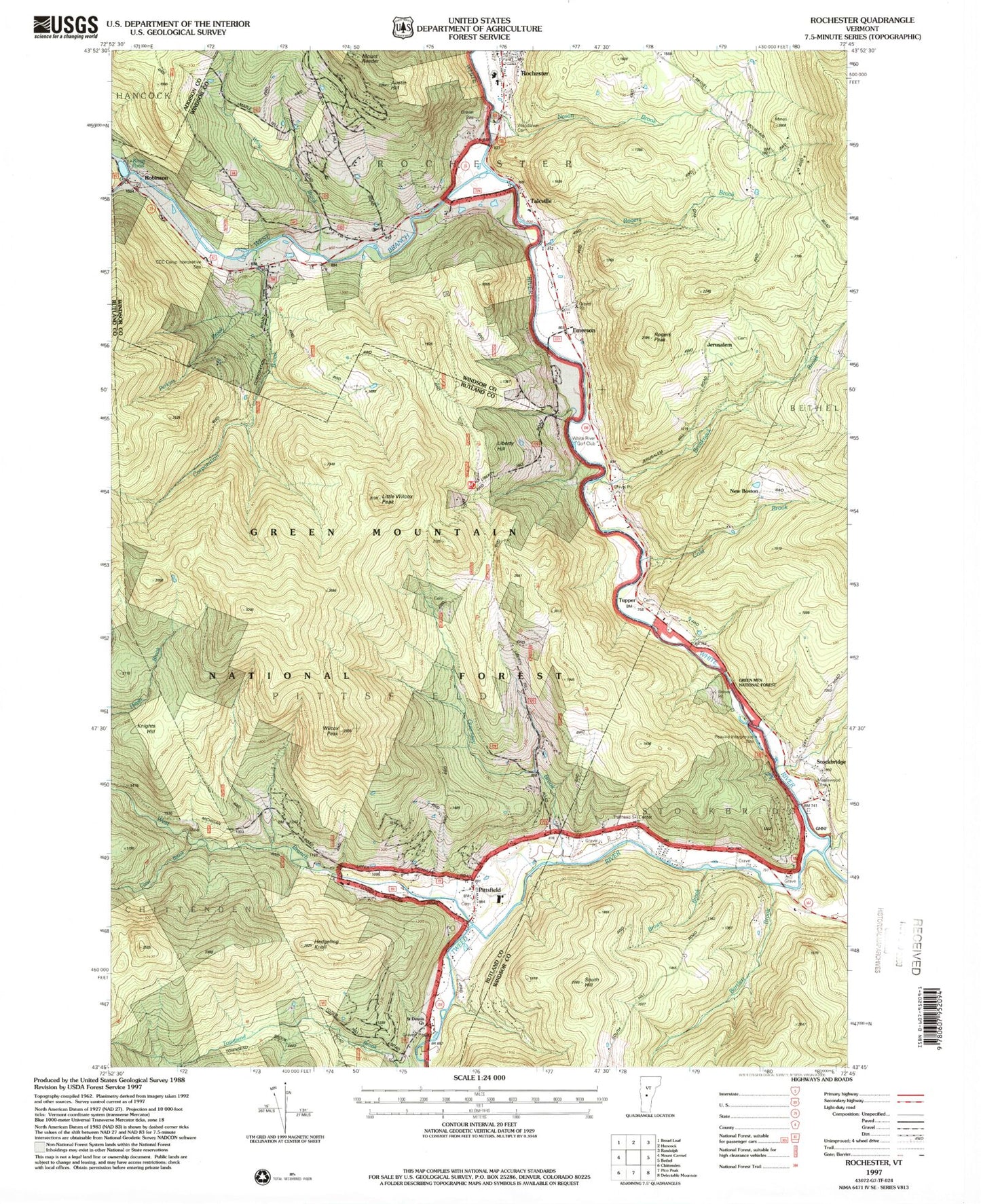 USGS Classic Rochester Vermont 7.5'x7.5' Topo Map Image